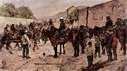 Giovanni Fattori Artilleriecorps zu Pferd auf einer Dorfstrasse oil painting on canvas